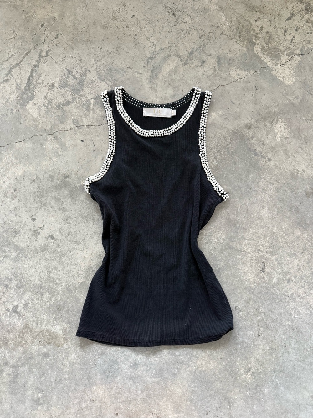 Pearl-Trim Black Tank Top - Unbranded
